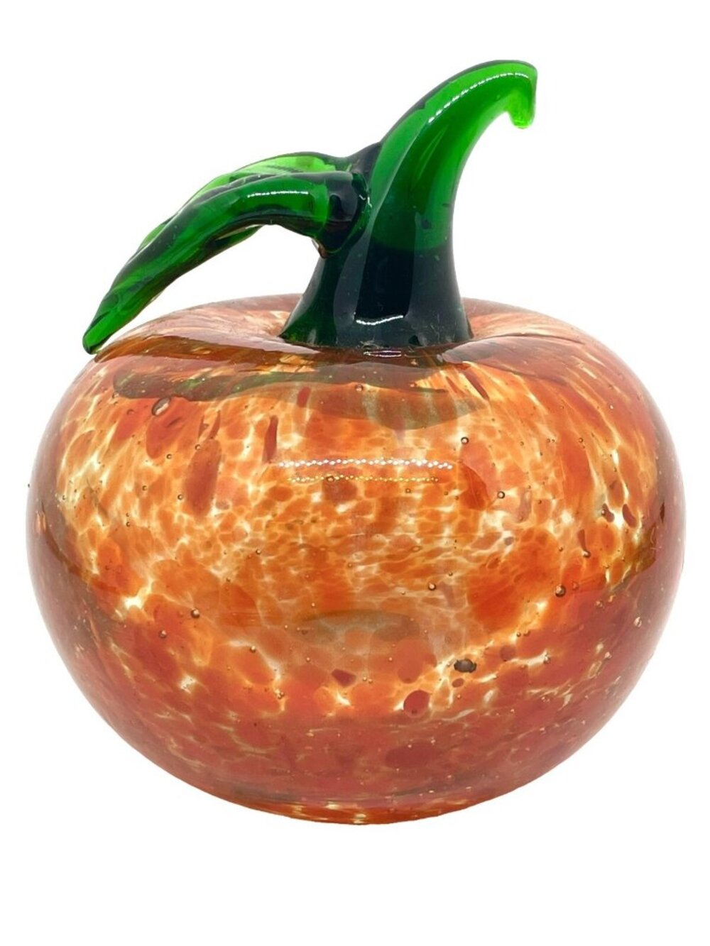Vintage Murano Style Hand Blown Art Glass Red Orange Apple Green Stem 3" H
